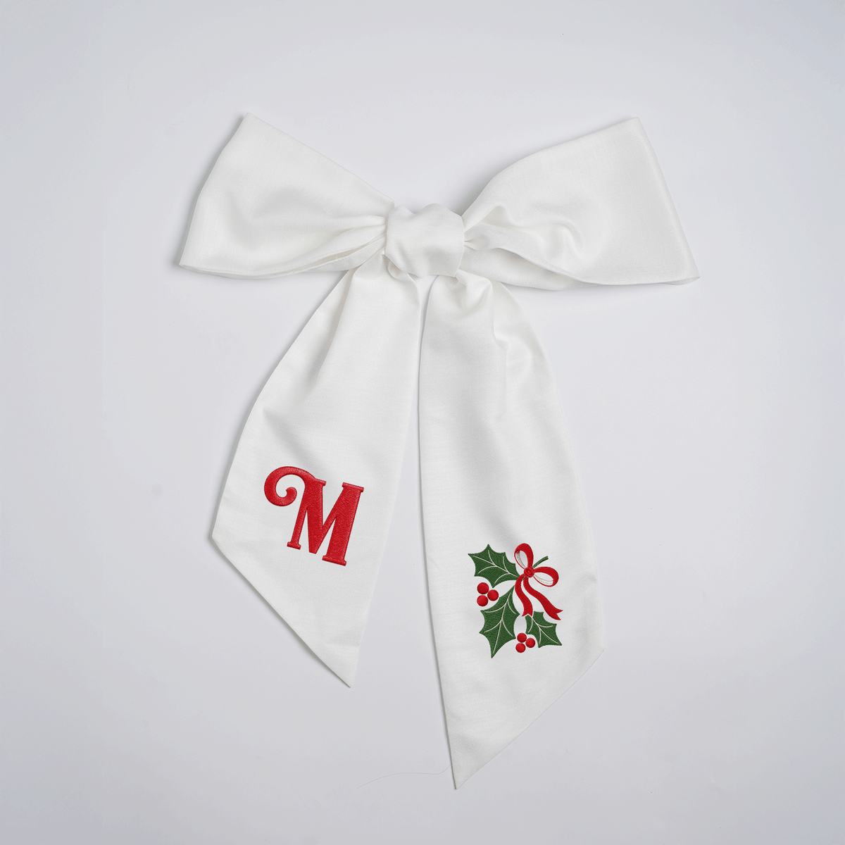 Custom Letter Christmas Holly Berry Embroidered Linen Wreath Sash, Personalized Monogram Holiday Bow Sash for Front Door Decor