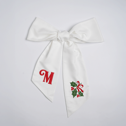 Custom Letter Christmas Holly Berry Embroidered Linen Wreath Sash, Personalized Monogram Holiday Bow Sash for Front Door Decor