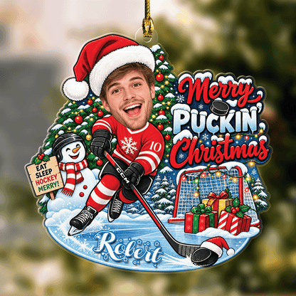 Personalized Merry Puckin' Christmas Hockey Player Photo Acrylic Ornament, Custom Name Jersey Ice Hockey Boy Xmas Tree Hanging Decor Keepsake, Winter Sports Holiday Gift