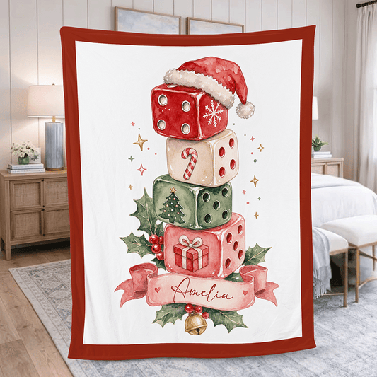 Personalized Stacked Christmas Dice Blanket, Custom Name Holiday Fleece Blanket, Cozy Xmas Game Night Throw Keepsake Gift