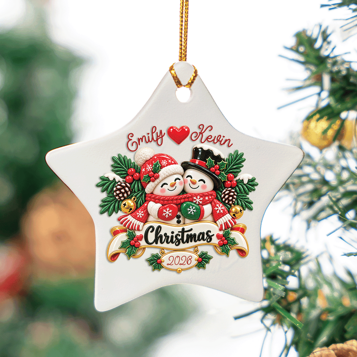 Personalized Couple Snowman Christmas Ceramic Star Ornament, Custom Name Year Xmas Tree Hanging Decor Keepsake, Romantic Holiday Gift for Couple