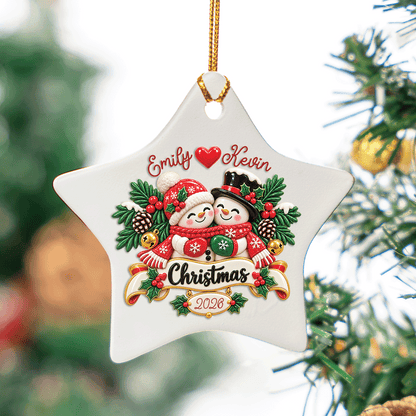 Personalized Couple Snowman Christmas Ceramic Star Ornament, Custom Name Year Xmas Tree Hanging Decor Keepsake, Romantic Holiday Gift for Couple