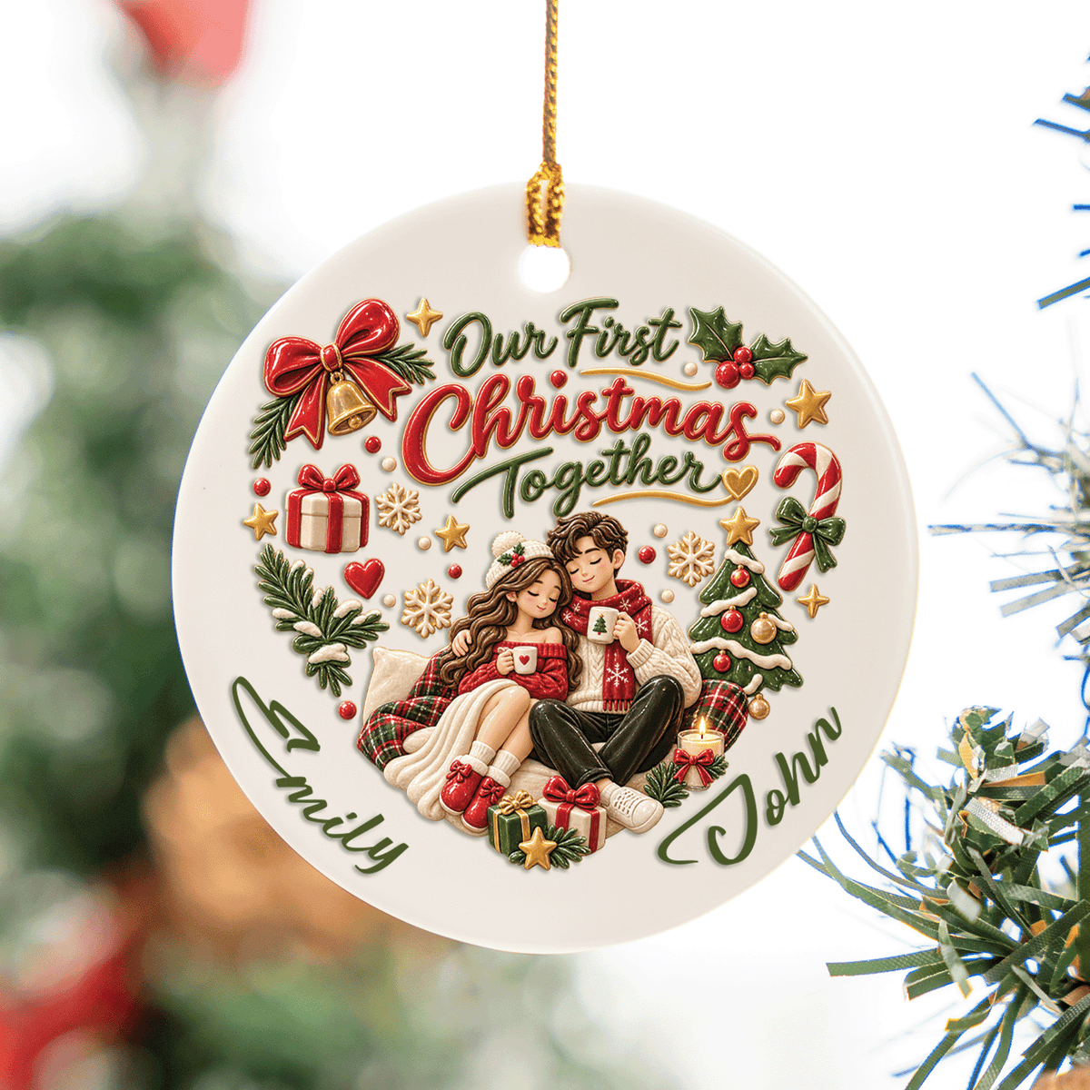 Personalized Couple Our First Christmas Together Ceramic Ornament, Custom Name Xmas Tree Hanging Decor Keepsake, Romantic Couple Holiday Gift