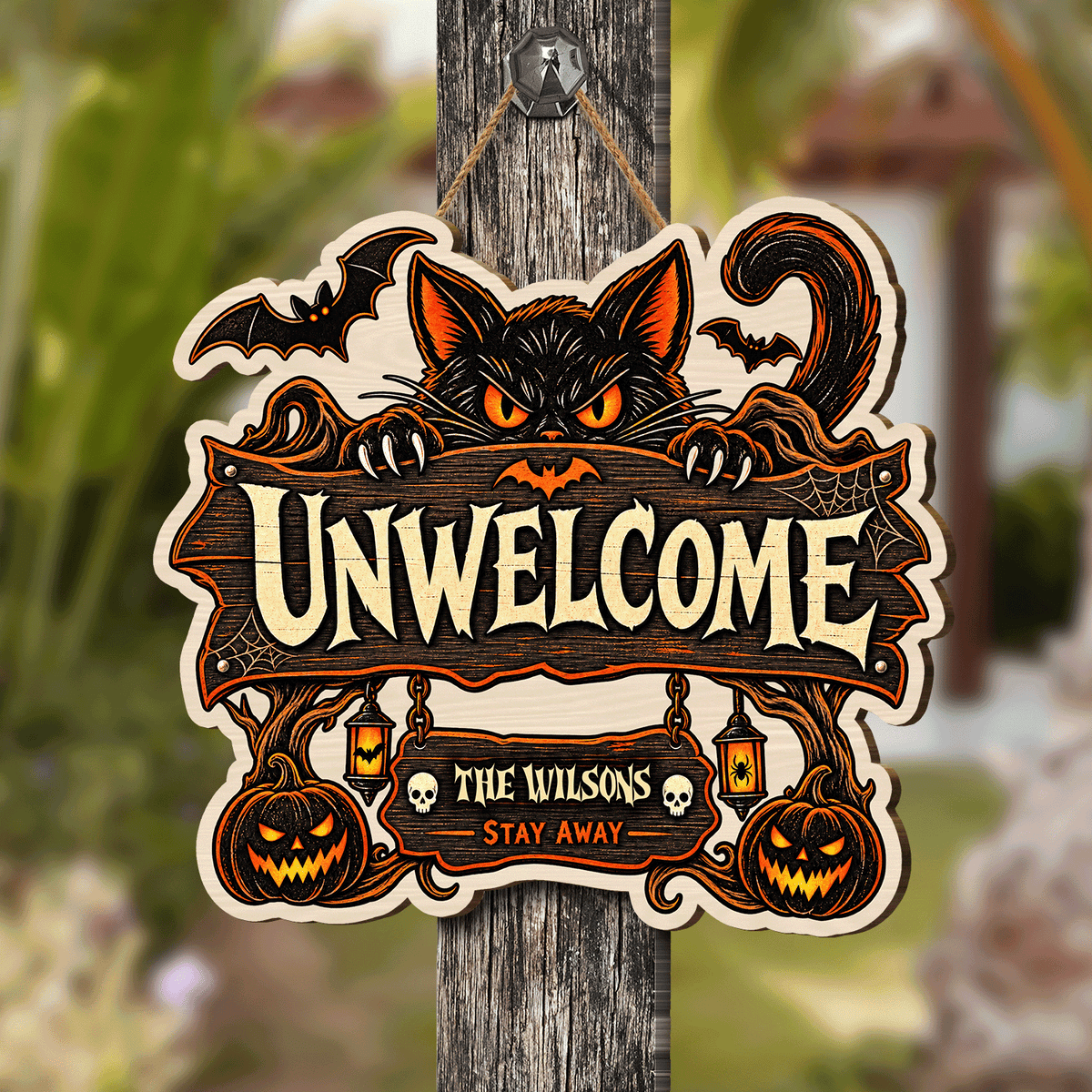 Personalized Halloween Black Cat Unwelcome Custom Shape Wood Sign Spooky Family Name Stay Away Door Hanger Home Wall Decor