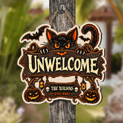 Personalized Halloween Black Cat Unwelcome Custom Shape Wood Sign Spooky Family Name Stay Away Door Hanger Home Wall Decor