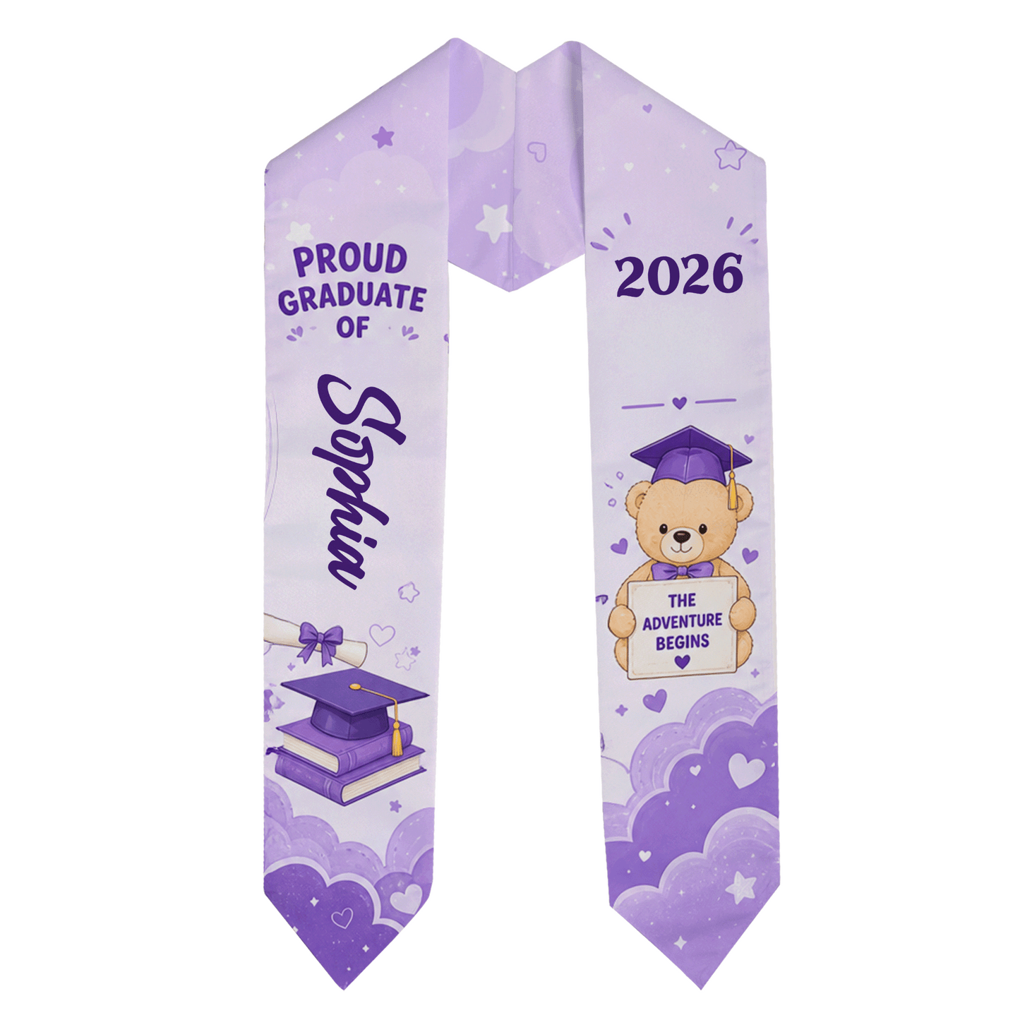 Personalized The Adventure Begins Purple Kid Graduation Stole – Custom Name