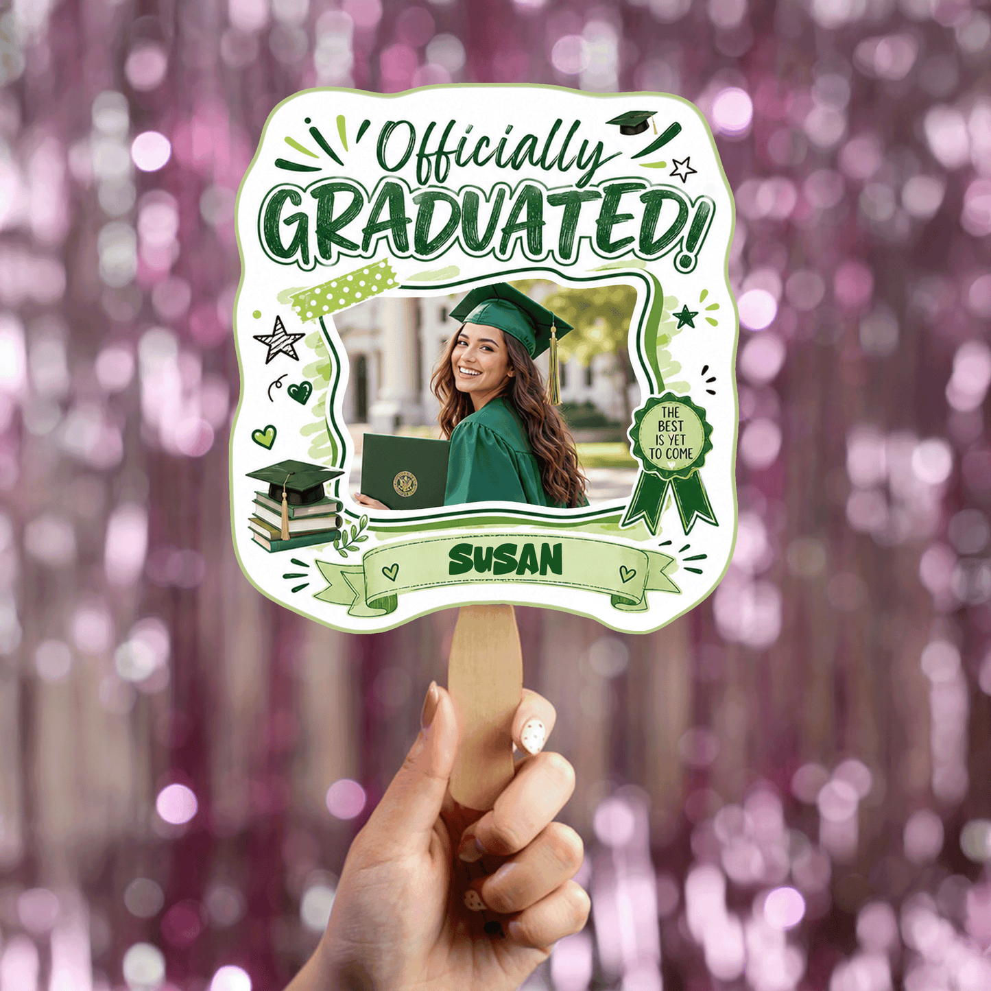 Personalized Officially Graduated Custom Shape Photo Hand Fan with Photo, Name Graduation Party Fan