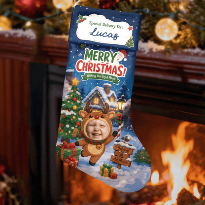 Personalized Wishing You Joy & Magic Christmas Stocking, Custom Photo Holiday Gift