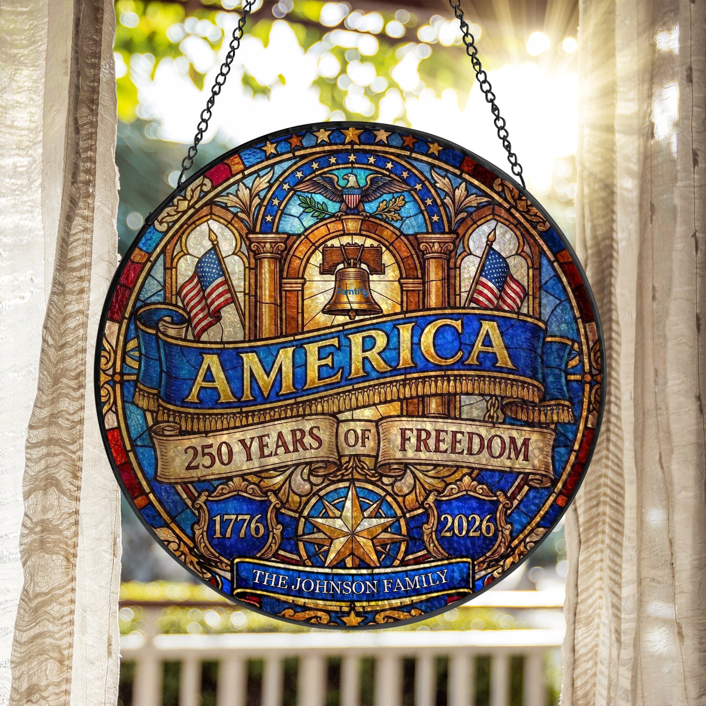 America 250 Years of Freedom Stained Glass Suncatcher – Personalized Family Name Patriotic Window Hanging 1776-2026