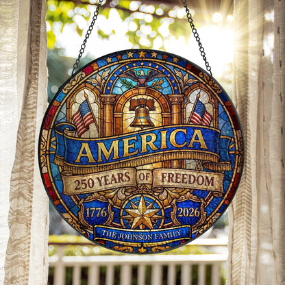 America 250 Years of Freedom Stained Glass Suncatcher – Personalized Family Name Patriotic Window Hanging 1776-2026