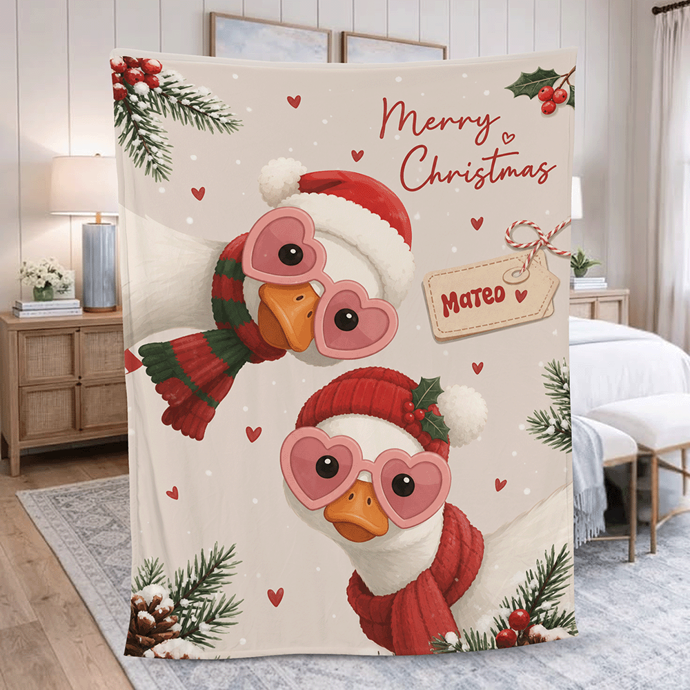 Personalized Cute Goose Christmas Blanket, Custom Name White Geese Heart Sunglasses Holiday Fleece Blanket, Cozy Xmas Goose Throw Keepsake Gift