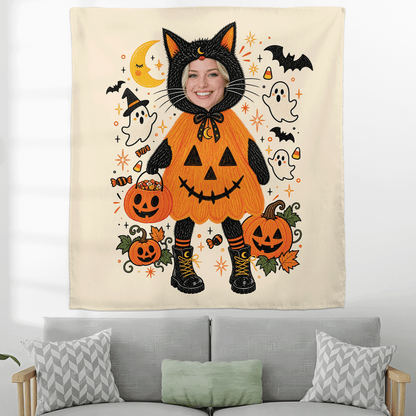 Personalized Custom Photo Black Cat Pumpkin Costume Tapestry Wall Hanging Seasonal Backdrop