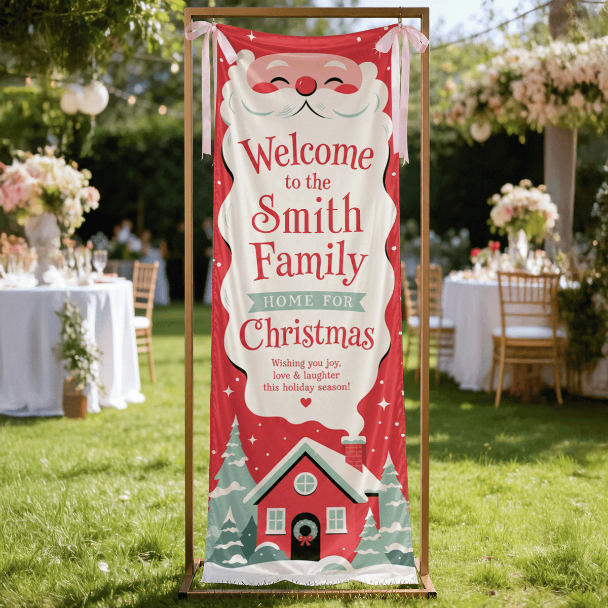 Cute Santa Claus Red House Christmas Family Fabric Welcome Banner, Personalized Family Name Entrance Hanging Sign with Ribbon Ties, Festive Winter Snowy Cabin Holiday Party Decor
