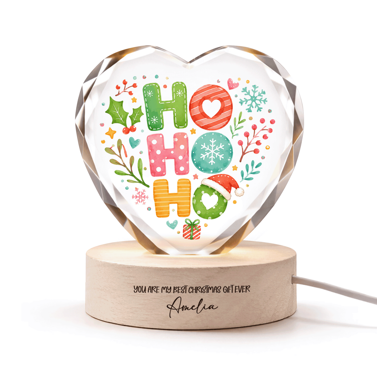 Custom Ho Ho Ho Santa Hat Festive 3D Laser Engraved Crystal Heart with LED Wooden Standee, Personalized Name Holiday Night Light Keepsake