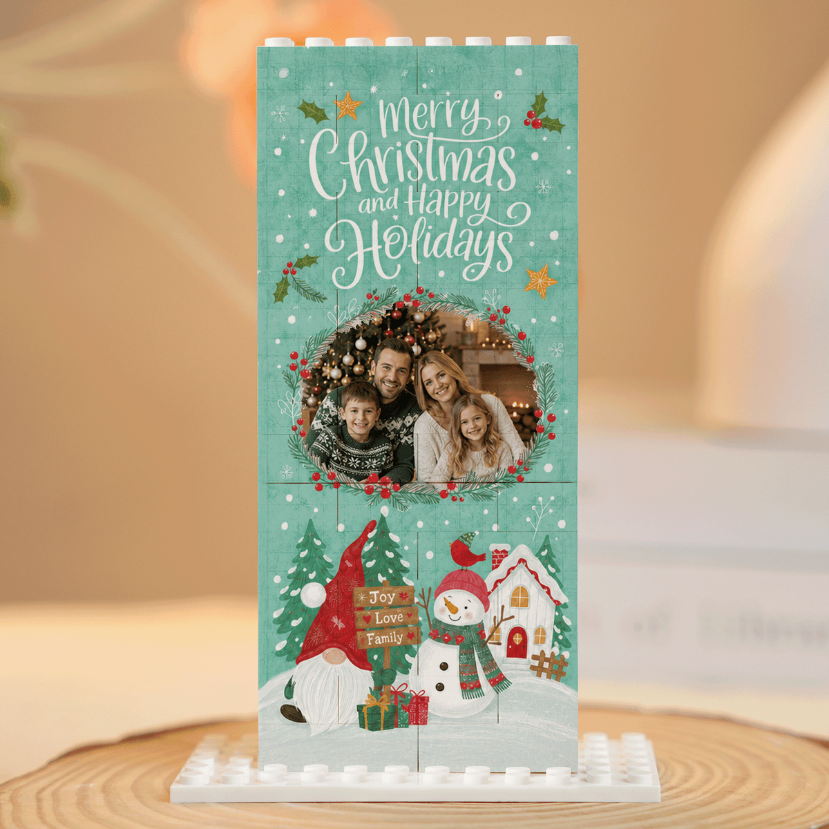 Personalized Photo Christmas Building Block in Mint Green, Custom Family Picture Gnome & Snowman Wreath Brick Puzzle Keepsake Decor, Festive Holiday Desk Gift