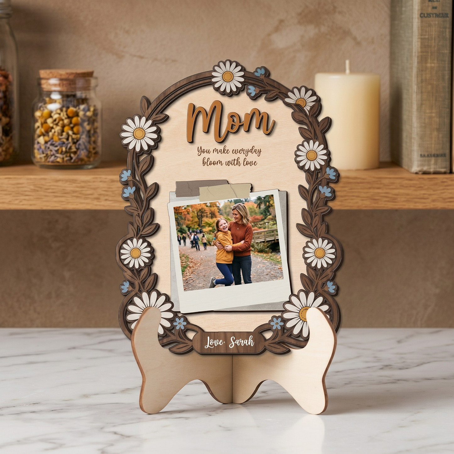 Personalized 2-Layer Wooden Sign with Photo & Year, Mother’s Day Gift for Mom & Grandma, Custom Floral Keepsake Plaque