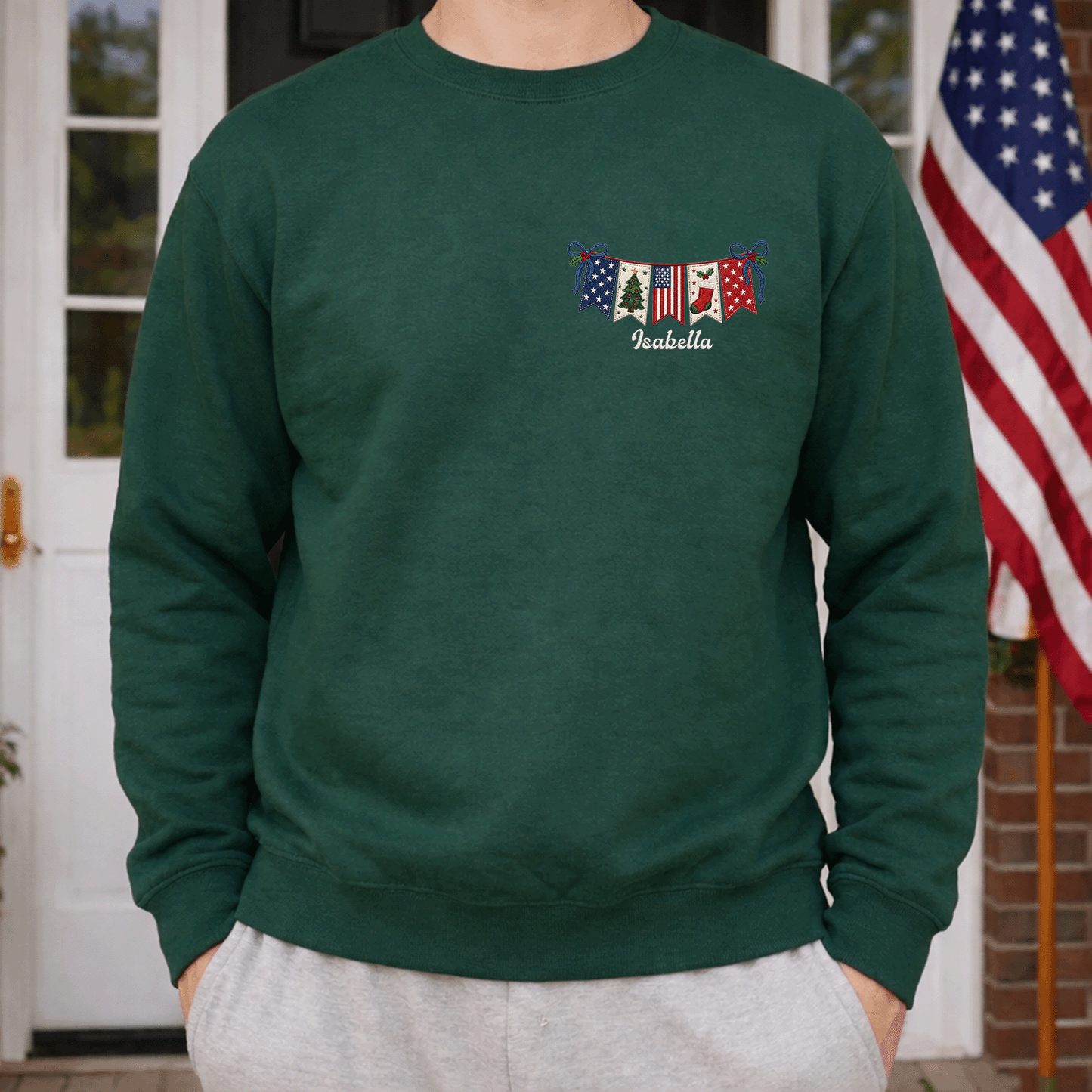 Personalized Christmas American Flag Banner Embroidered Sweatshirt | Custom Name Holiday Crewneck Gift