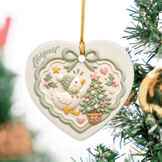 Personalized Cute Duck Christmas Tree Ceramic Heart Ornament