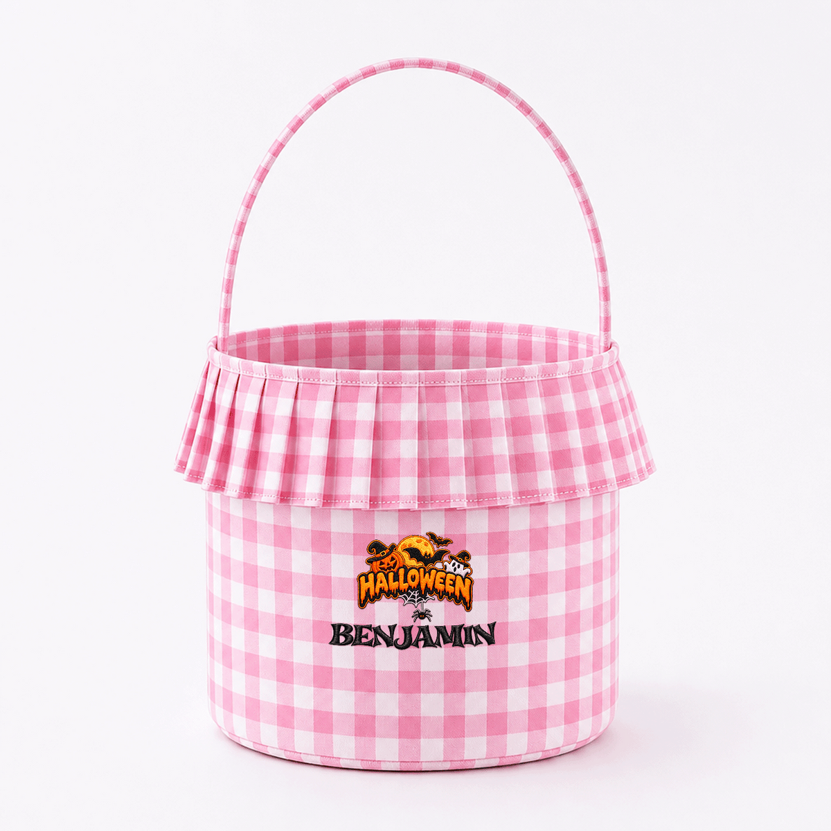 Personalized Halloween Spooky Moon Bat 3D Puff Embroidered Ruffle Basket Custom Name Trick or Treat Bucket