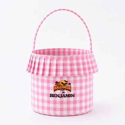 Personalized Halloween Spooky Moon Bat 3D Puff Embroidered Ruffle Basket Custom Name Trick or Treat Bucket