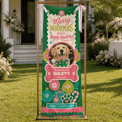 Custom Photo Dog Merry Woofmas Christmas Fabric Welcome Banner, Personalized Dog Name Holiday Entrance Hanging Sign with Ribbon Ties, Cute Pet Bone Frame Christmas Decor