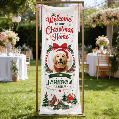 Custom Dog Photo Golden Retriever Christmas Family Fabric Welcome Banner, Personalized Pet Name Home Entrance Hanging Sign with Ribbon Ties, Classic Winter Village Xmas Decor