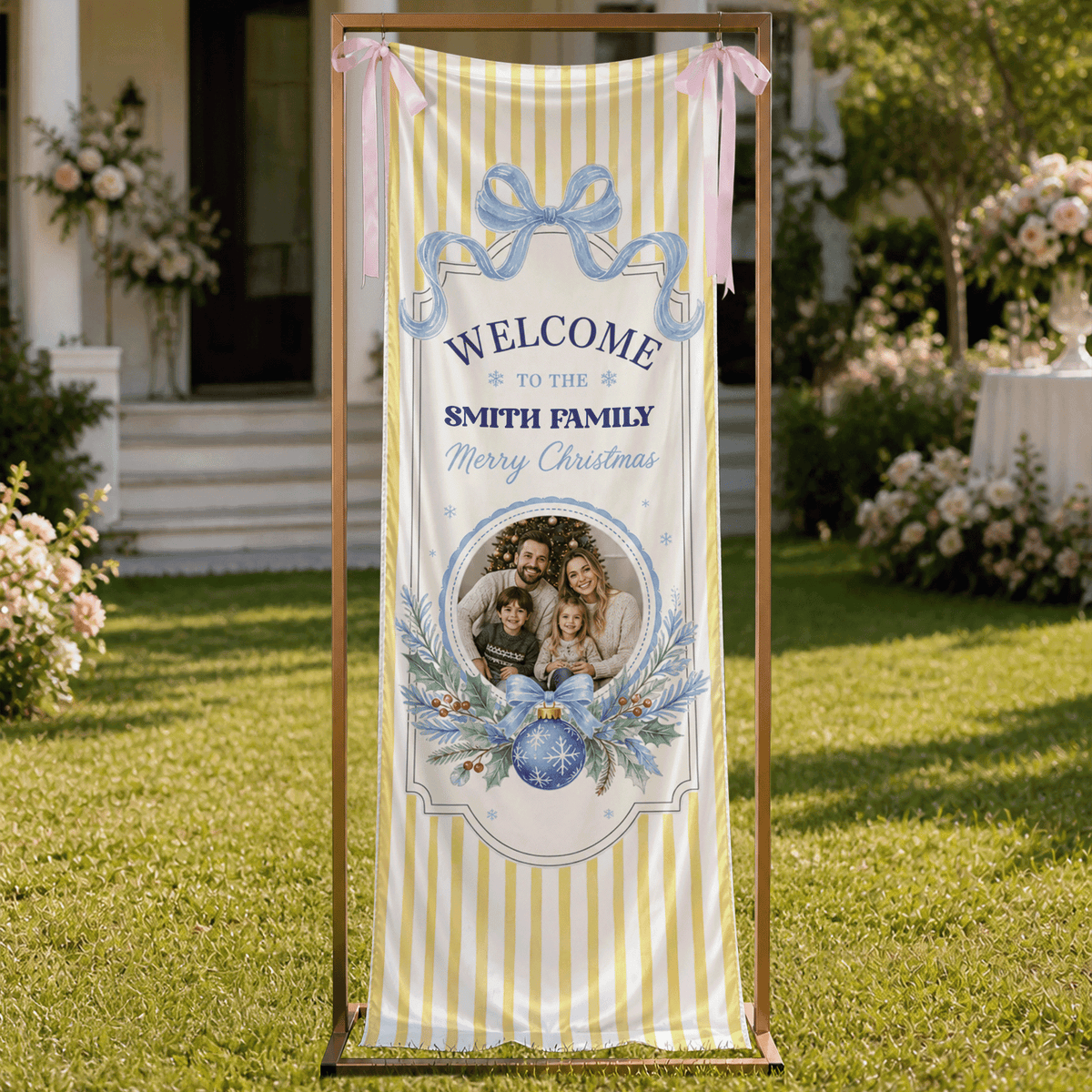 Custom Photo Yellow Stripe Christmas Family Fabric Welcome Banner, Personalized Family Name Holiday Entrance Hanging Sign with Ribbon Ties, Pastel Blue Bow Christmas Decor