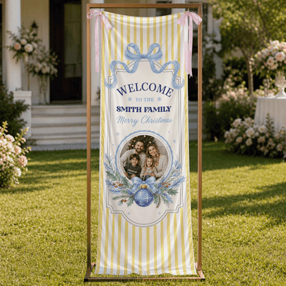 Custom Photo Yellow Stripe Christmas Family Fabric Welcome Banner, Personalized Family Name Holiday Entrance Hanging Sign with Ribbon Ties, Pastel Blue Bow Christmas Decor
