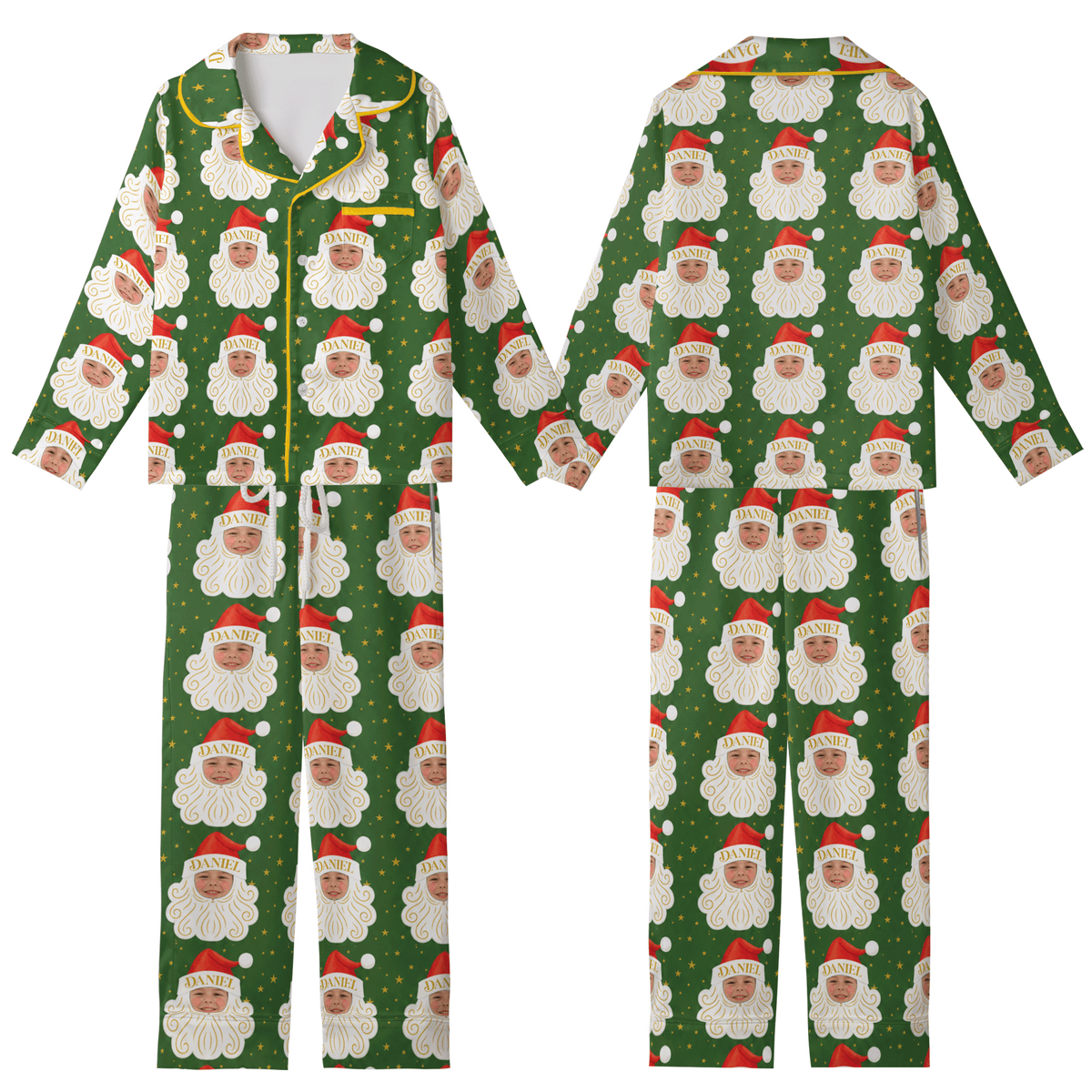 Custom Face Photo Christmas Santa Claus Personalized Kid Pajamas Set Green Satin Long Sleeve Button Up Holiday Sleepwear Nightwear Lounge Set
