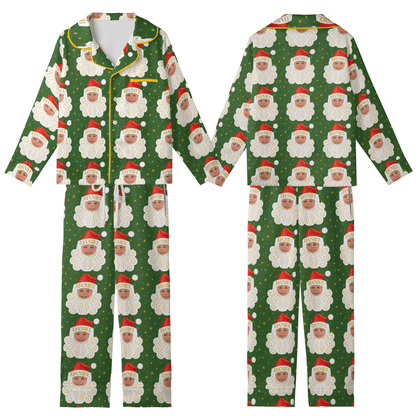 Custom Face Photo Christmas Santa Claus Personalized Kid Pajamas Set Green Satin Long Sleeve Button Up Holiday Sleepwear Nightwear Lounge Set