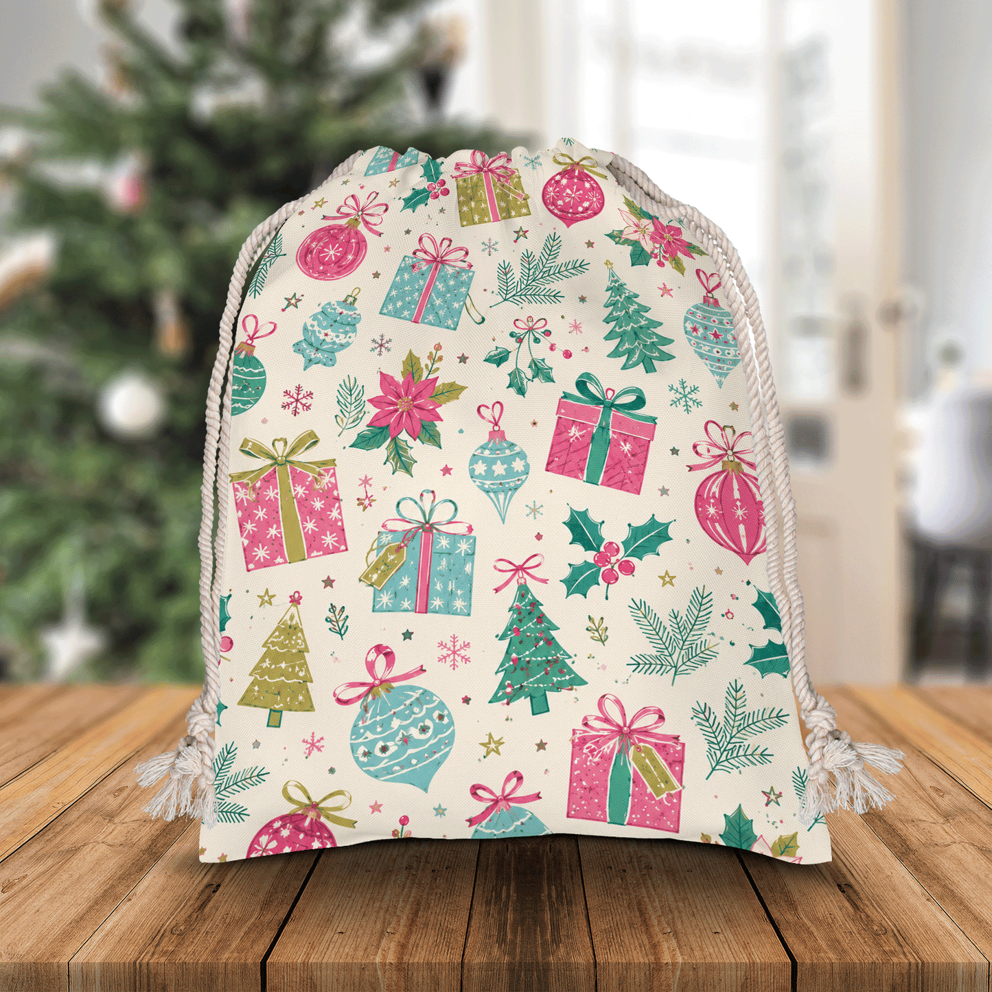 Vintage Christmas Gifts & Ornaments Pattern Christmas Sack