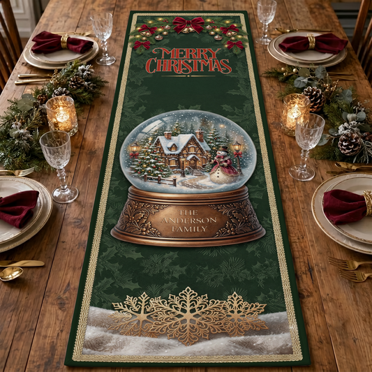 Green quilt table runner with Merry Christmas and a snow globe holding a snowy cottage and snowman, custom family name on its bronze base