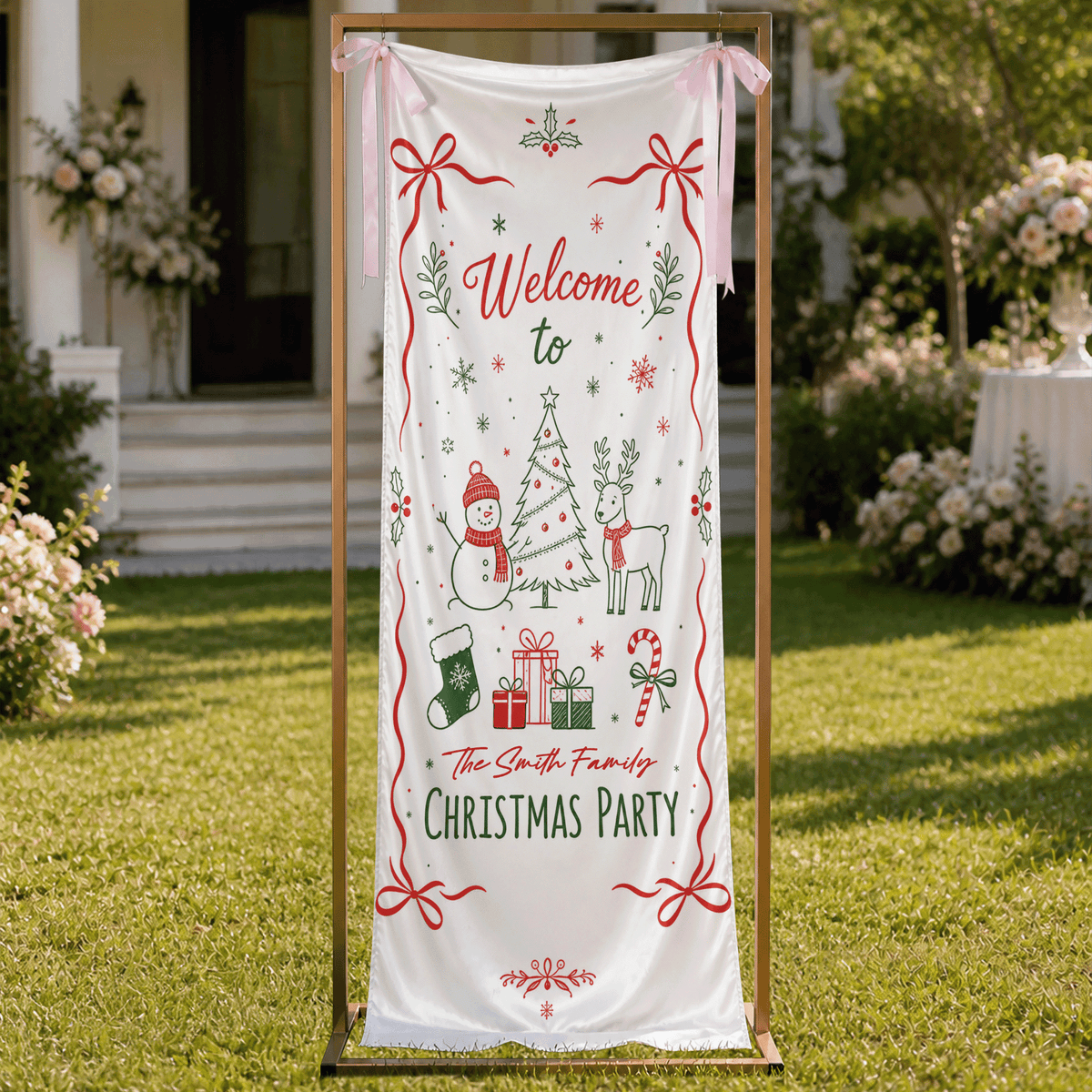 Custom Festive Doodle Christmas Party Fabric Welcome Banner, Personalized Family Name Holiday Entrance Hanging Sign with Ribbon Ties, Snowman & Reindeer Decor