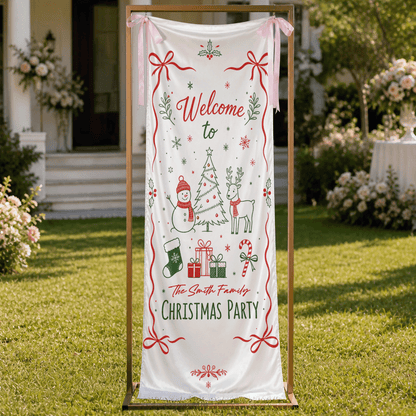 Custom Festive Doodle Christmas Party Fabric Welcome Banner, Personalized Family Name Holiday Entrance Hanging Sign with Ribbon Ties, Snowman & Reindeer Decor