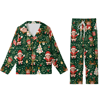 Custom Face Photo Christmas Santa Elf Reindeer Personalized Kid Pajamas Set Green Satin Long Sleeve Button Up Holiday Sleepwear Nightwear Lounge Set