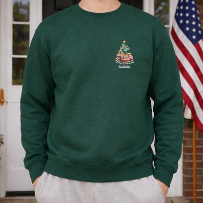 Personalized Christmas Tree Books Sweatshirt with Custom Name | Book Lover Holiday Crewneck