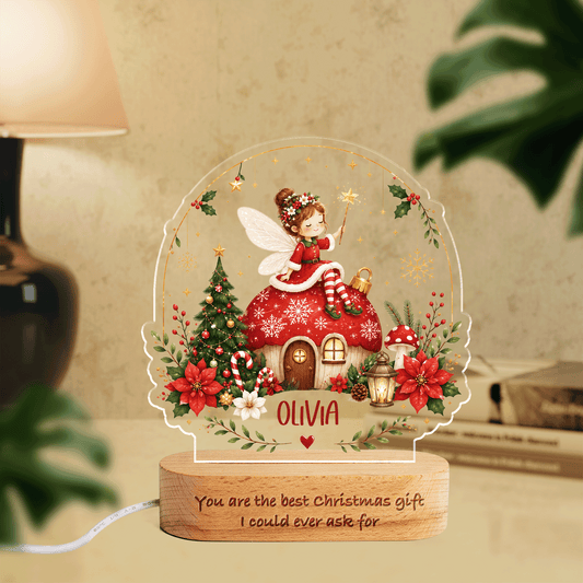 Personalized Christmas fairy and mushroom house acrylic night light with name