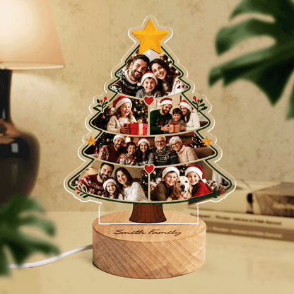 Custom Christmas Tree Photo Collage Night Light - Personalized Family Acrylic LED Lamp with Engraved Round Beech Wood Base