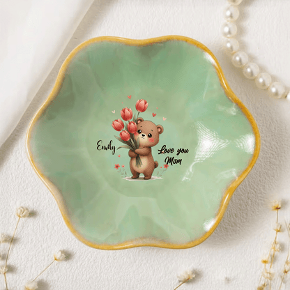 Custom Message Birth Flower Trinket Dish – Personalized Name Center Keepsake for Mom or Grandma