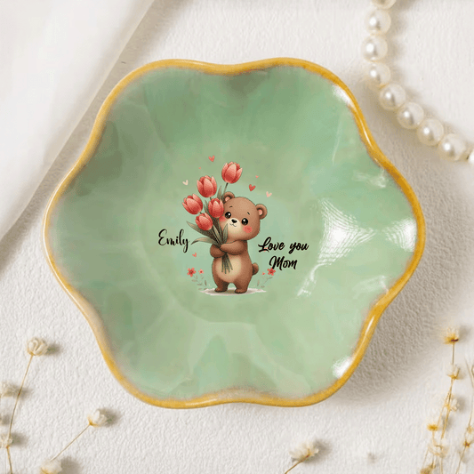 Custom Message Birth Flower Trinket Dish – Personalized Name Center Keepsake for Mom or Grandma