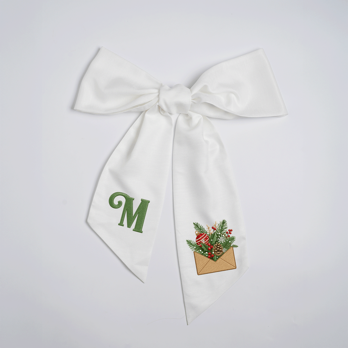 Custom Letter Christmas Envelope Embroidered Linen Wreath Sash, Personalized Monogram Holiday Bow Sash for Front Door Decor
