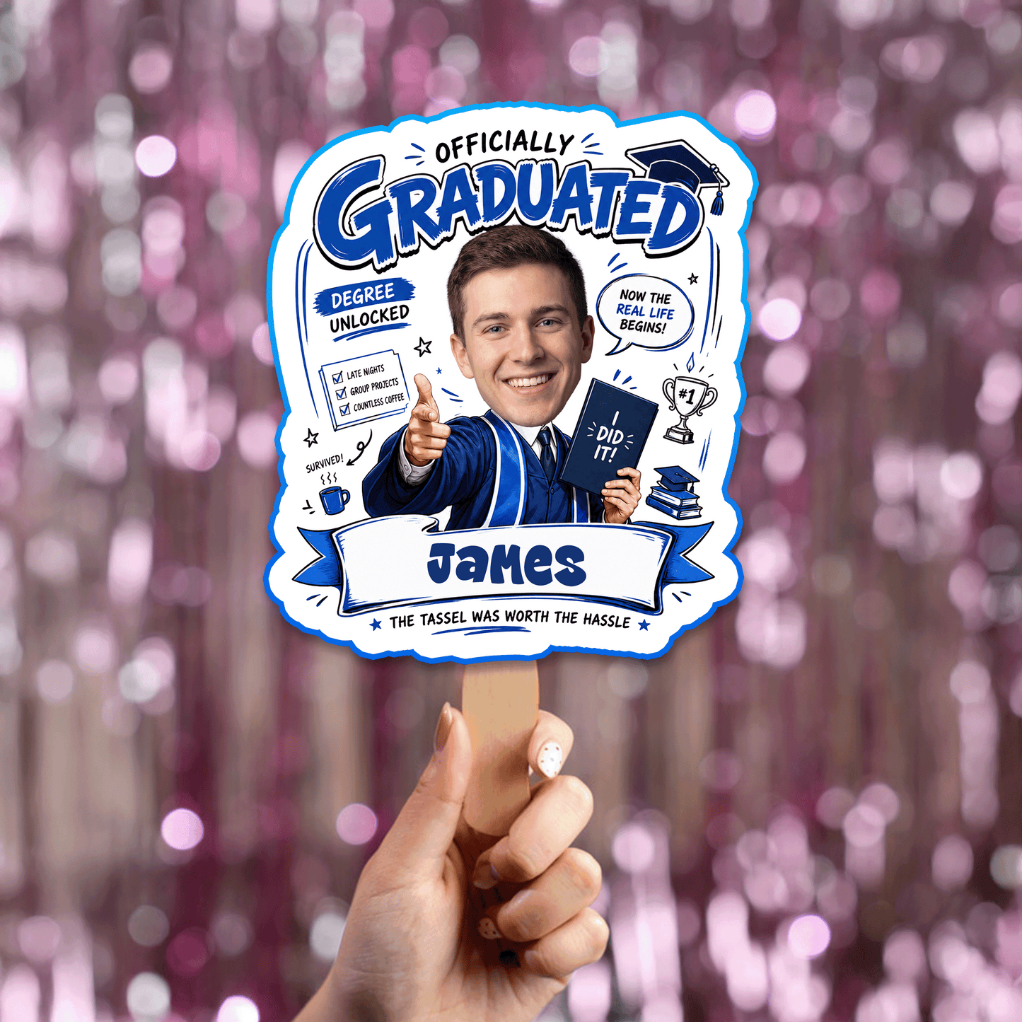 Officially Graduated Custom Shape Photo Hand Fan with Photo, Name Graduation Party Fan