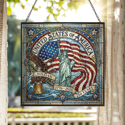 Personalized United States of America 250 Years Stained Glass Suncatcher Statue of Liberty Window Decor