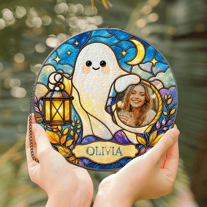 Personalized Halloween Cute Ghost Lantern Custom Photo Crescent Moon Stained Glass Suncatcher Window Hanging Custom Name Home Wall Decor