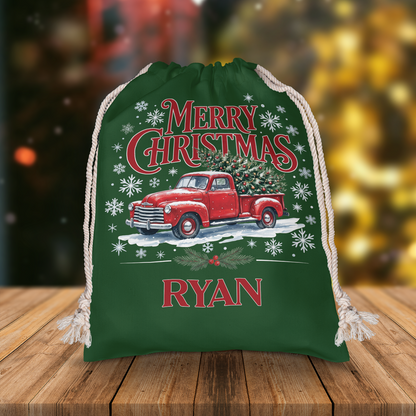 Personalized Merry Christmas Vintage Truck Christmas Sack with Custom Name