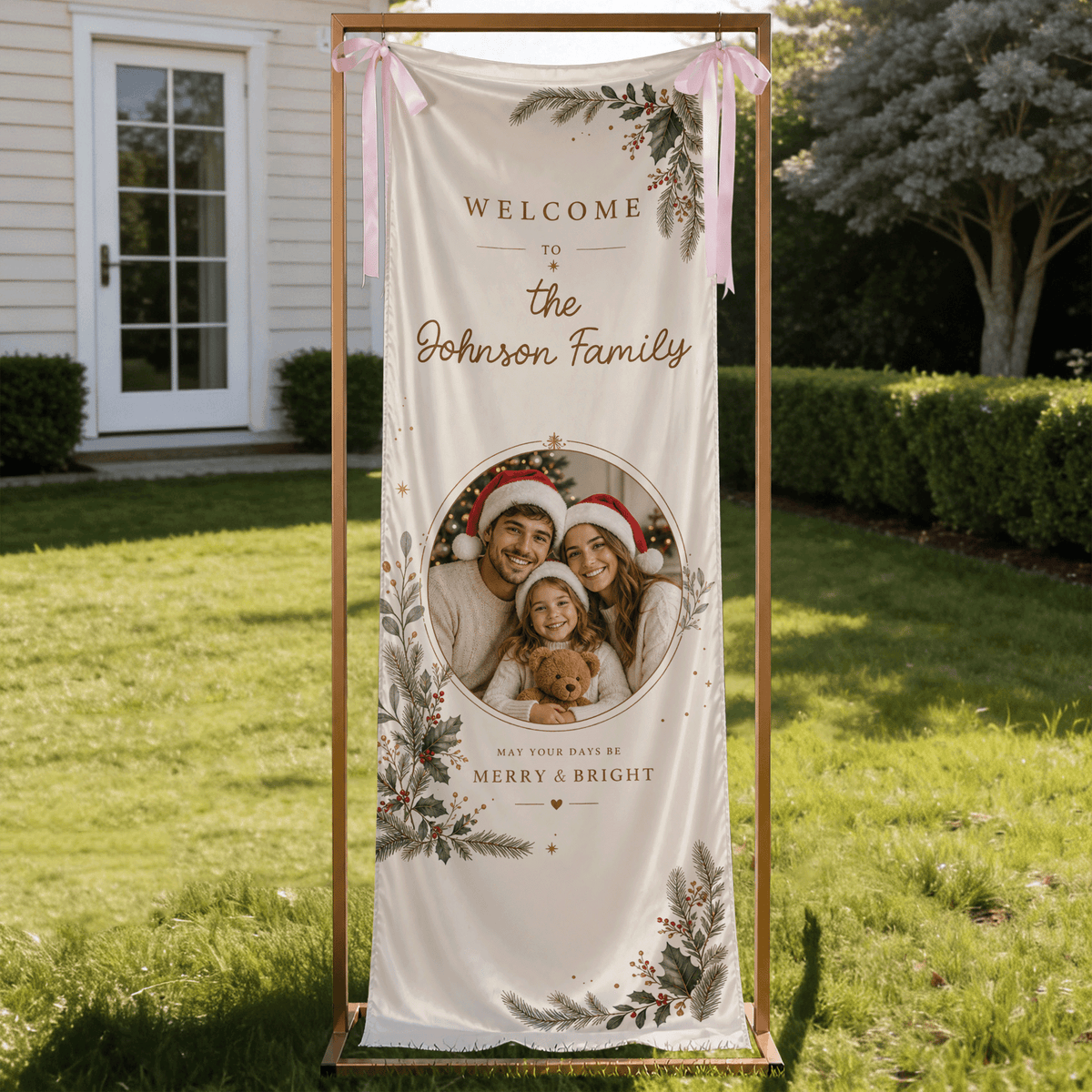 Custom Family Photo Christmas Pine Foliage Fabric Welcome Banner, Personalized Holiday Entryway Hanging Sign with Ribbon Accents & Metal Grommets for Party Decor