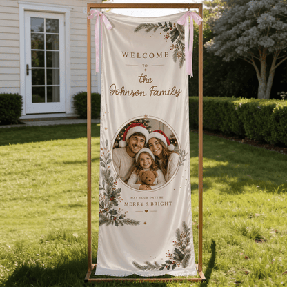 Custom Family Photo Christmas Pine Foliage Fabric Welcome Banner, Personalized Holiday Entryway Hanging Sign with Ribbon Accents & Metal Grommets for Party Decor