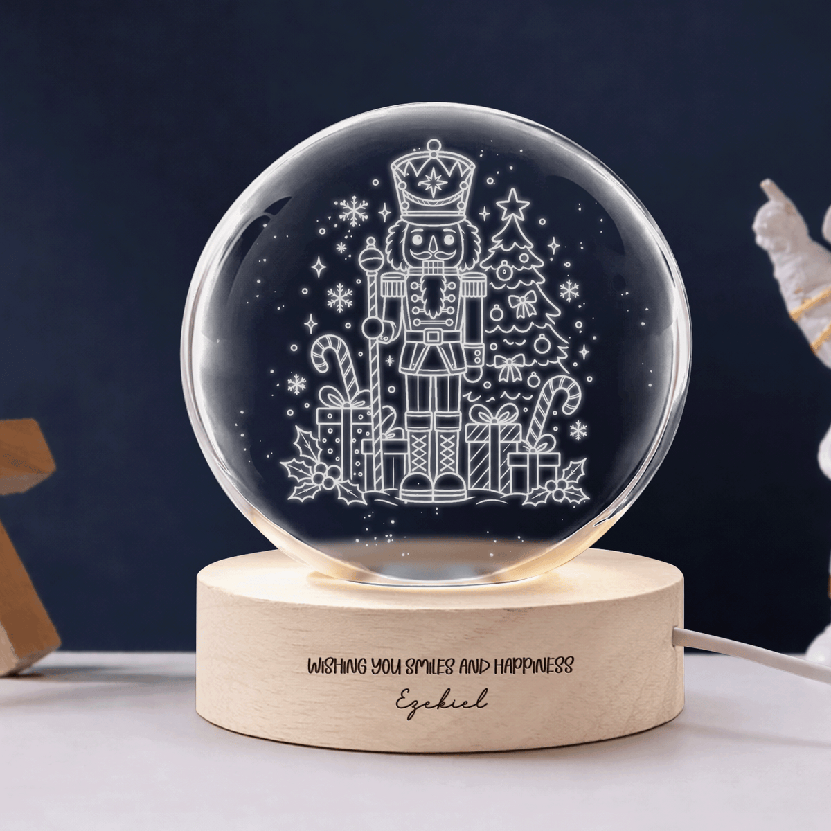Custom Christmas Nutcracker Tree 3D Laser Engraved Crystal Ball with LED Wooden Standee, Personalized Name Wish Holiday Glowing Tabletop Night Light Keepsake