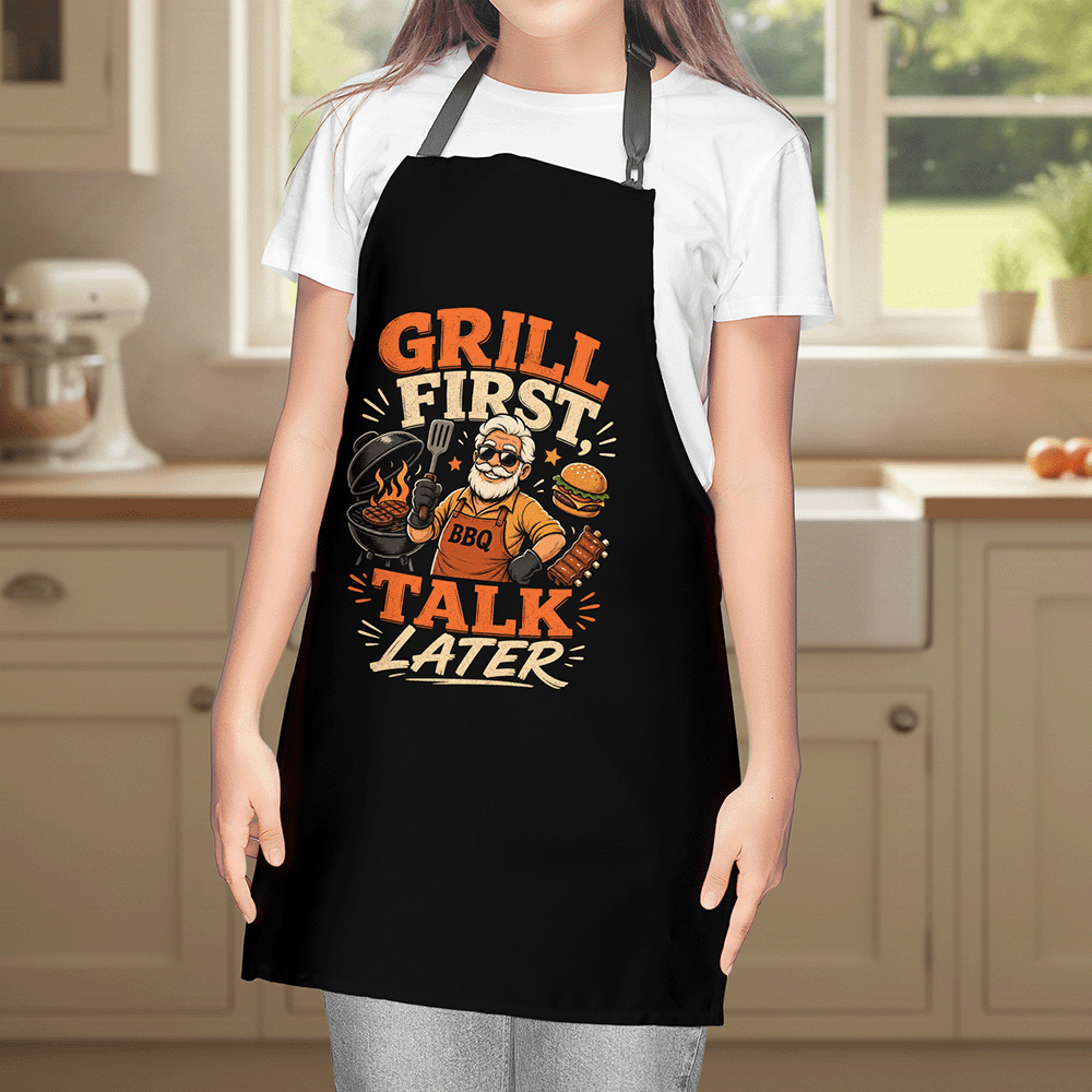 Grill First Talk Later Apron – Funny BBQ Grilling Apron Gift for Grandpa