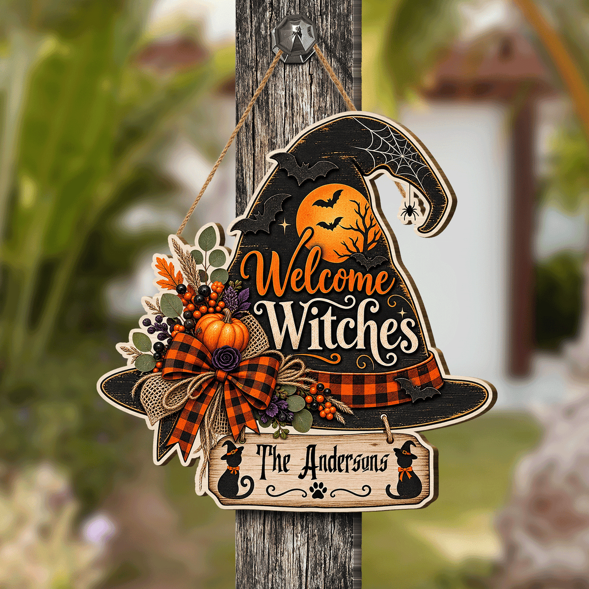 Personalized Halloween Witch Hat Welcome Witches Custom Shape Wood Sign Spooky Family Name Black Cat Door Hanger Home Wall Decor